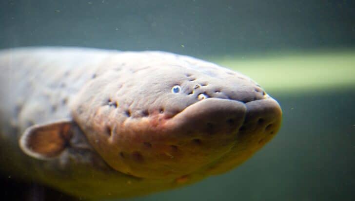 Close-up of an electric eel underwater, highlighting its unique skin texture and small eyes