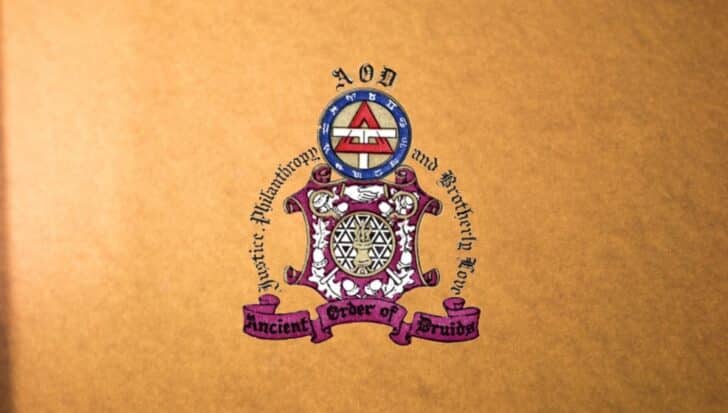 Emblem of the Ancient Order of Druids with decorative symbols and text emphasizing mystic philanthropy and brotherly love